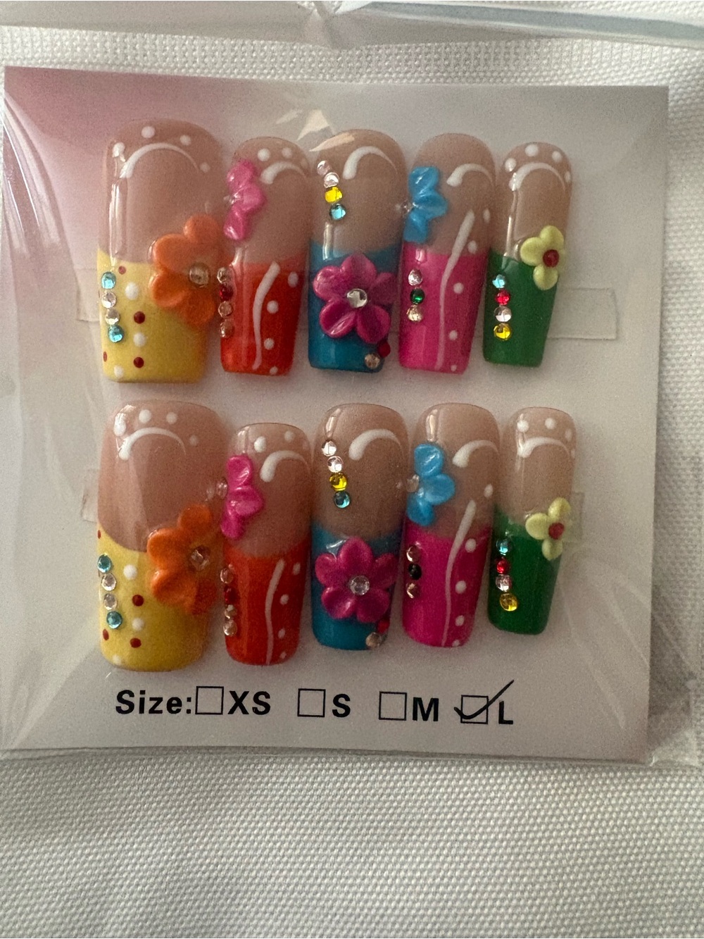 Colorful Flower Press-On Nail Set - Multicolor handmade size Large
